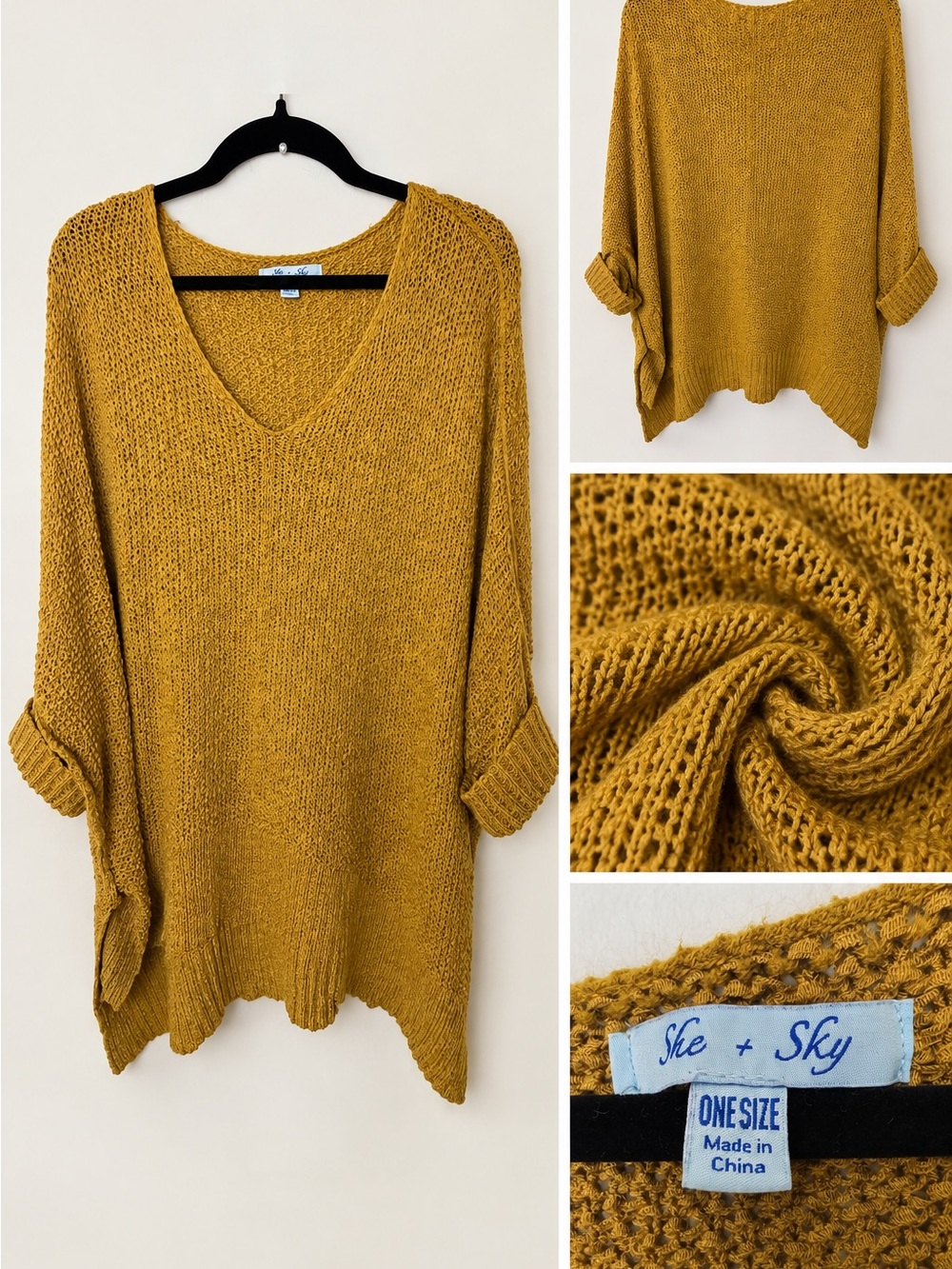 She + Sky Mustard Open-Knit V-Neck Sweater